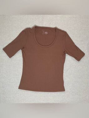 Joie | Warm Taupe Ribbed Scoop Neck Short Sleeve Top | Small